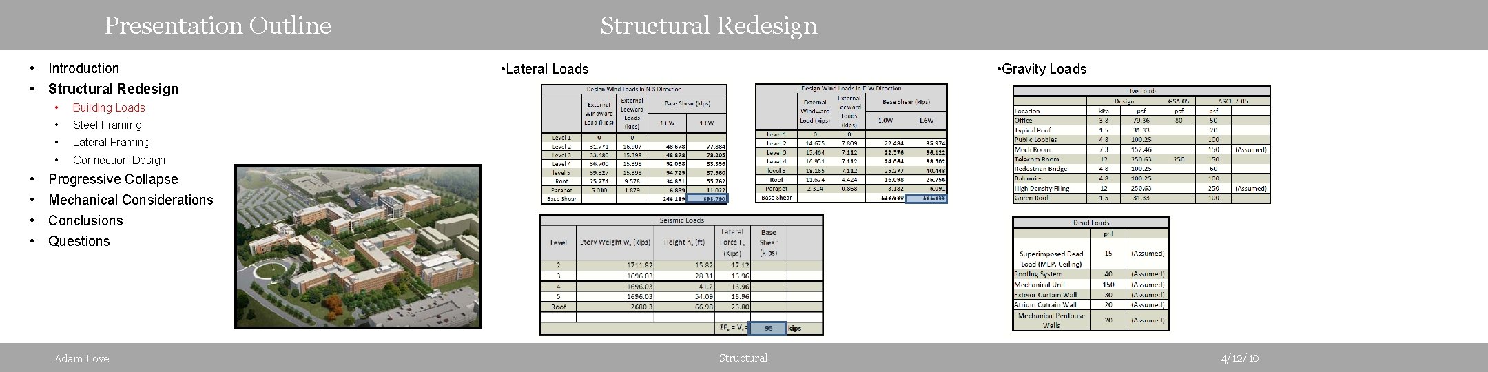 Presentation Outline • Introduction • Structural Redesign • • • Building Loads • Steel