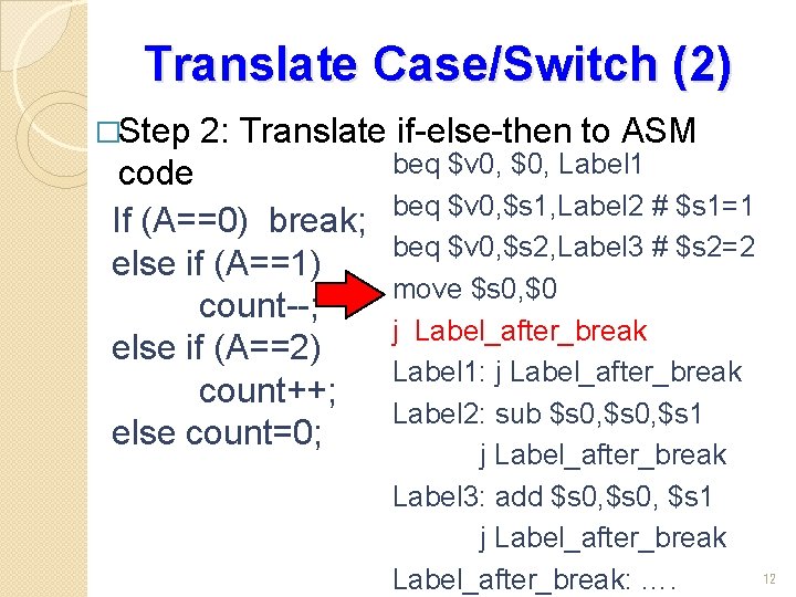 Translate Case/Switch (2) �Step 2: Translate if-else-then to ASM code If (A==0) break; else