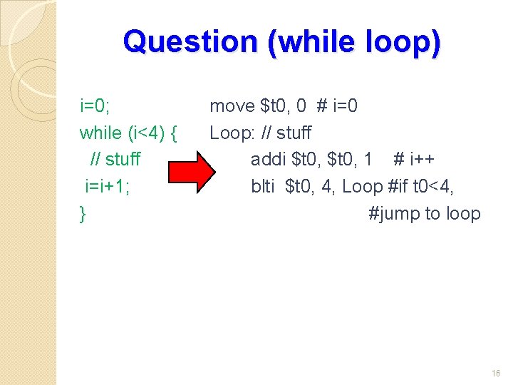 Question (while loop) i=0; while (i<4) { // stuff i=i+1; } move $t 0,