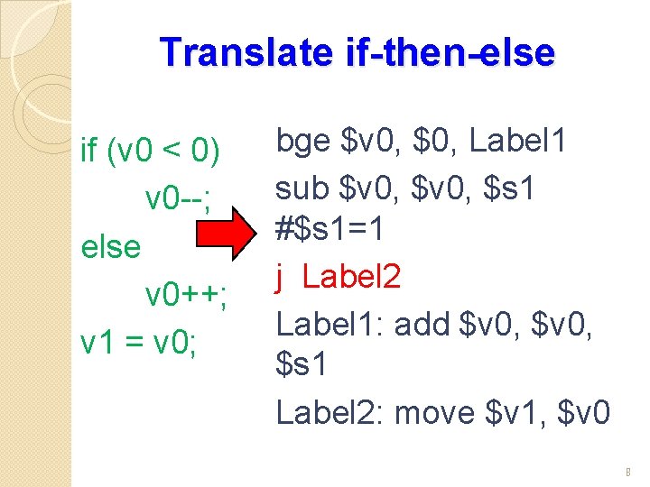 Translate if-then-else if (v 0 < 0) v 0 --; else v 0++; v