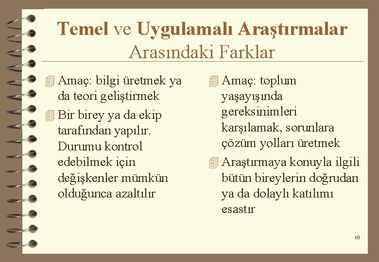 Temel ve Uygulamalı Araştırmalar Arasındaki Farklar 4 Amaç: bilgi üretmek ya 4 Amaç: toplum