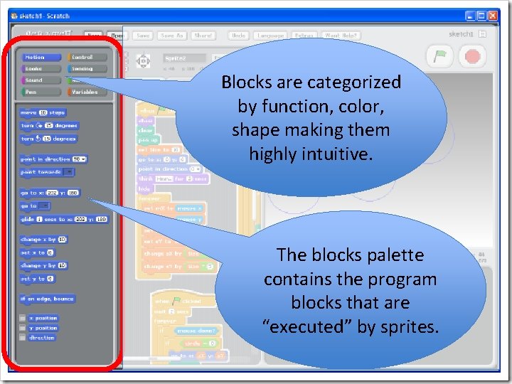 Blocks are categorized by function, color, shape making them highly intuitive. The blocks palette