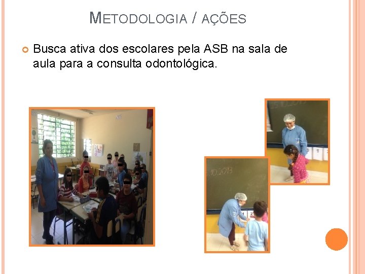 METODOLOGIA / AÇÕES Busca ativa dos escolares pela ASB na sala de aula para