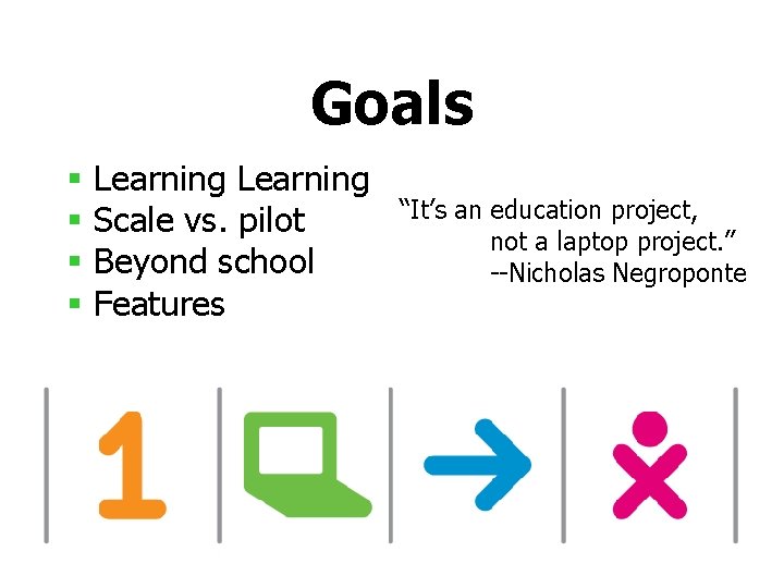 Goals § § Learning Scale vs. pilot Beyond school Features “It’s an education project,