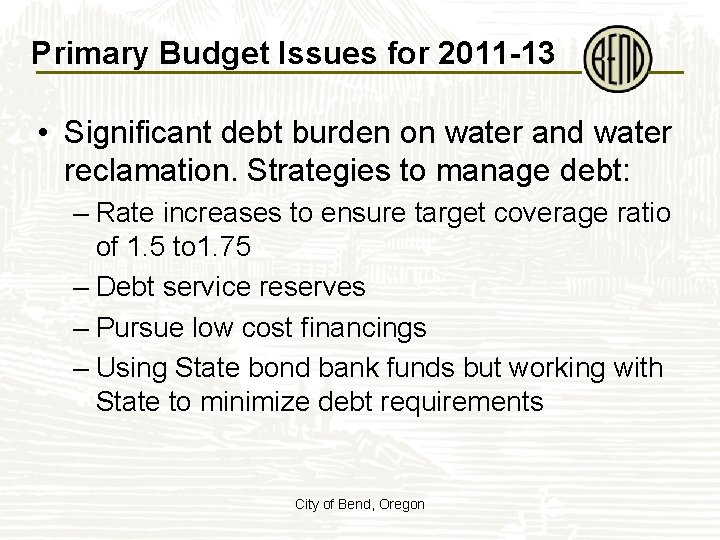 Primary Budget Issues for 2011 -13 • Significant debt burden on water and water