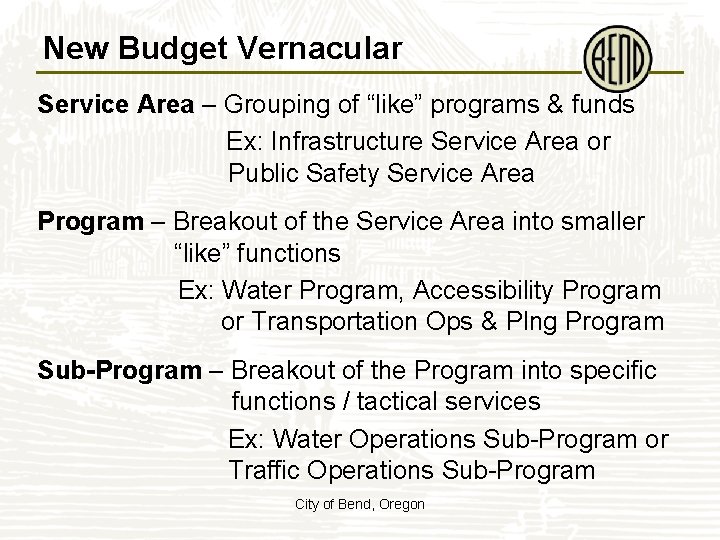 New Budget Vernacular Service Area – Grouping of “like” programs & funds Ex: Infrastructure