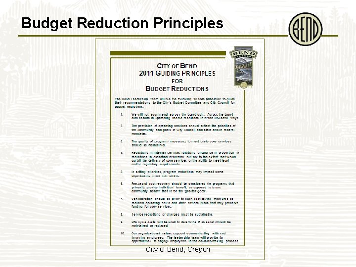 Budget Reduction Principles City of Bend, of Bend Oregon 