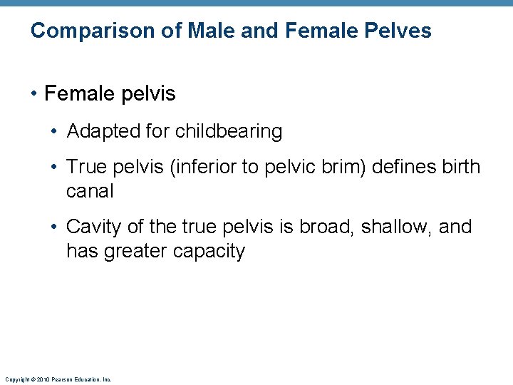 Comparison of Male and Female Pelves • Female pelvis • Adapted for childbearing •