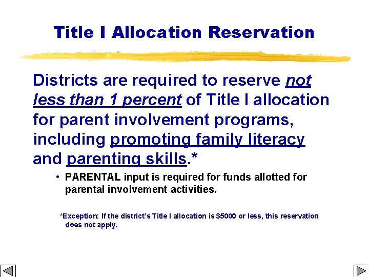 Title I Allocation Reservation Districts are required to reserve not less than 1 percent