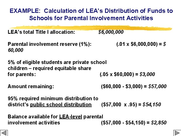 EXAMPLE: Calculation of LEA’s Distribution of Funds to Schools for Parental Involvement Activities LEA’s