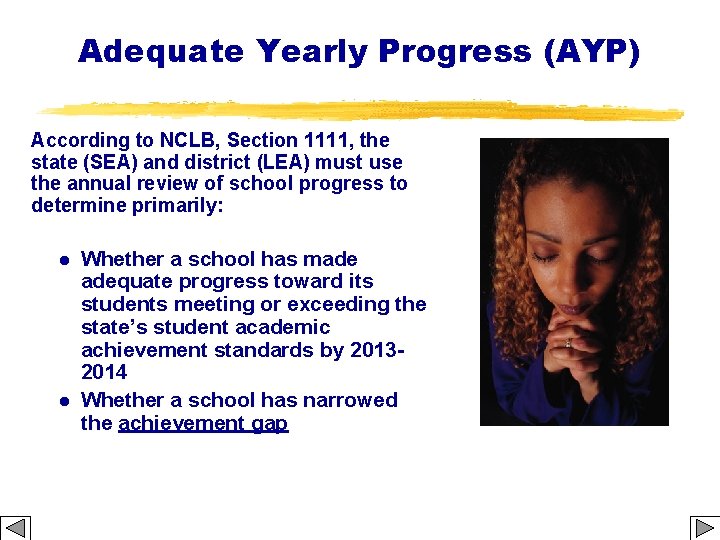 Adequate Yearly Progress (AYP) According to NCLB, Section 1111, the state (SEA) and district