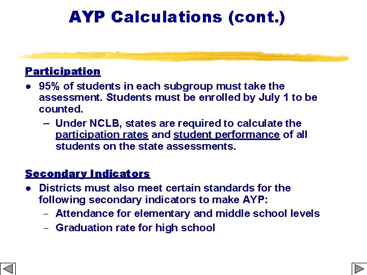 AYP Calculations (cont. ) Participation ● 95% of students in each subgroup must take
