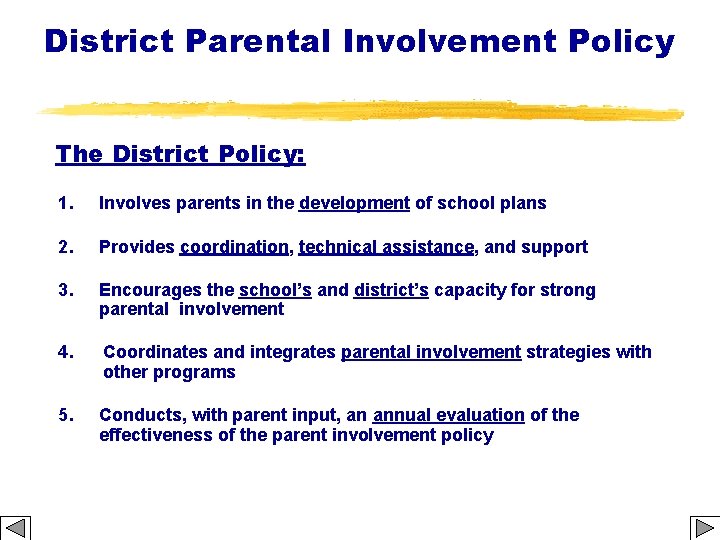 District Parental Involvement Policy The District Policy: 1. Involves parents in the development of