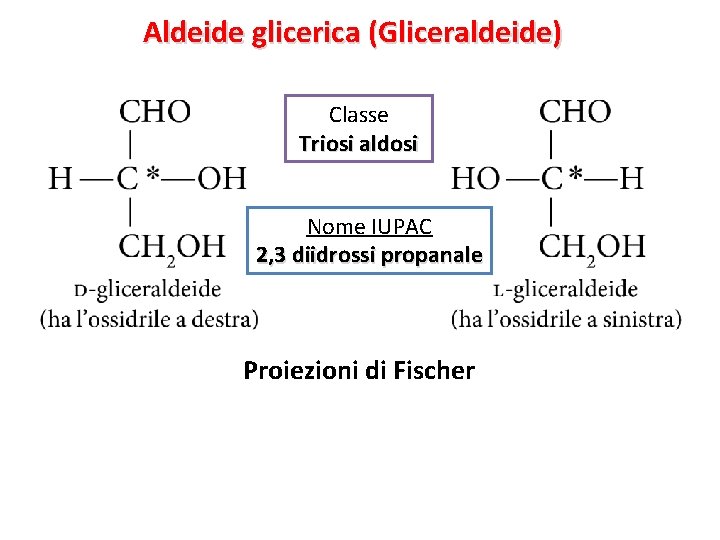 Aldeide glicerica (Gliceraldeide) Classe Triosi aldosi Nome IUPAC 2, 3 diidrossi propanale Proiezioni di