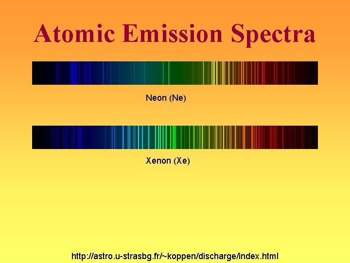 Atomic Emission Spectra Neon (Ne) Xenon (Xe) http: //astro. u-strasbg. fr/~koppen/discharge/index. html 