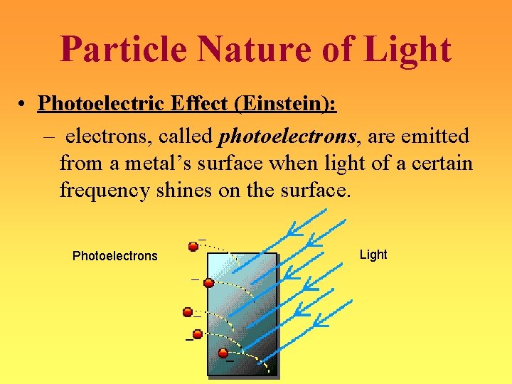 Particle Nature of Light • Photoelectric Effect (Einstein): – electrons, called photoelectrons, are emitted