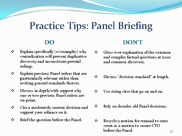 Practice Tips: Panel Briefing DO v Explain specifically (w/examples) why centralization will prevent duplicative