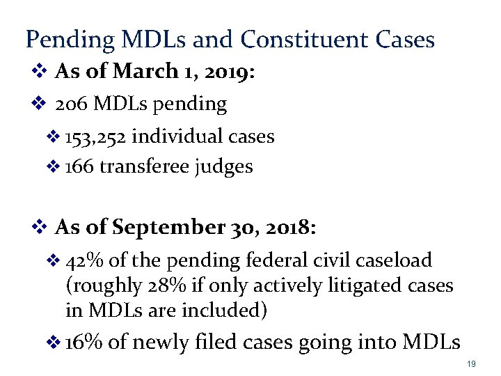 Pending MDLs and Constituent Cases v As of March 1, 2019: v 206 MDLs