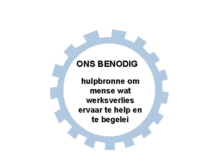 ONS BENODIG hulpbronne om mense wat werksverlies ervaar te help en te begelei 