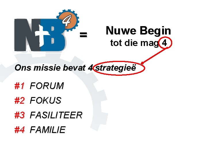 = Nuwe Begin tot die mag 4 Ons missie bevat 4 strategieë #1 FORUM