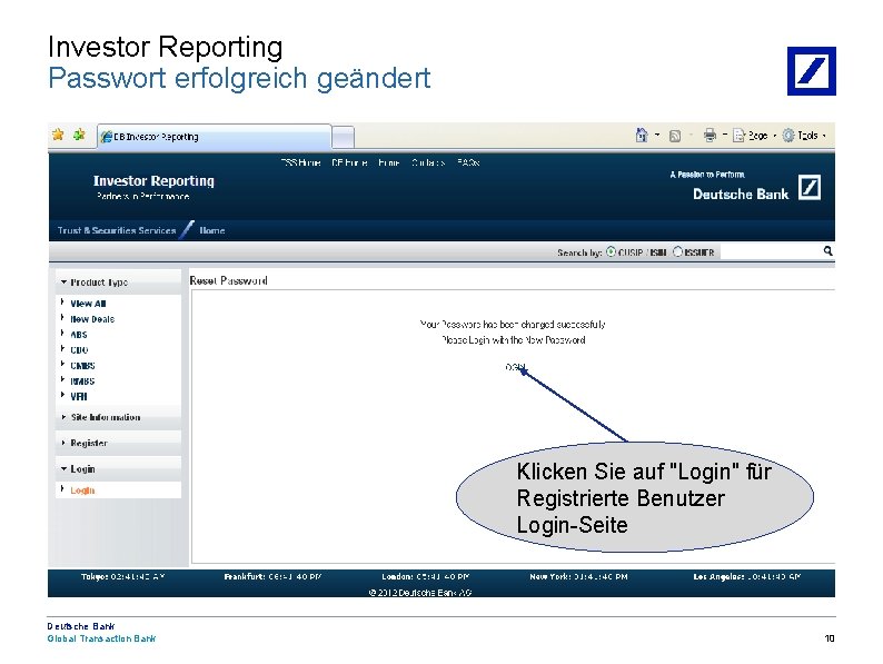 Investor Reporting Passwort erfolgreich geändert Klicken Sie auf "Login" für Registrierte Benutzer Login-Seite Deutsche