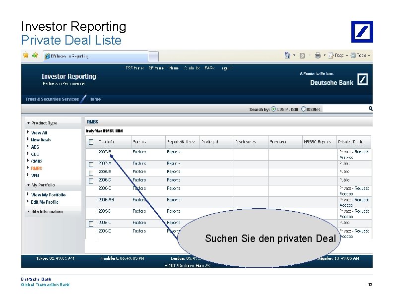 Investor Reporting Private Deal Liste Suchen Sie den privaten Deal Deutsche Bank Global Transaction