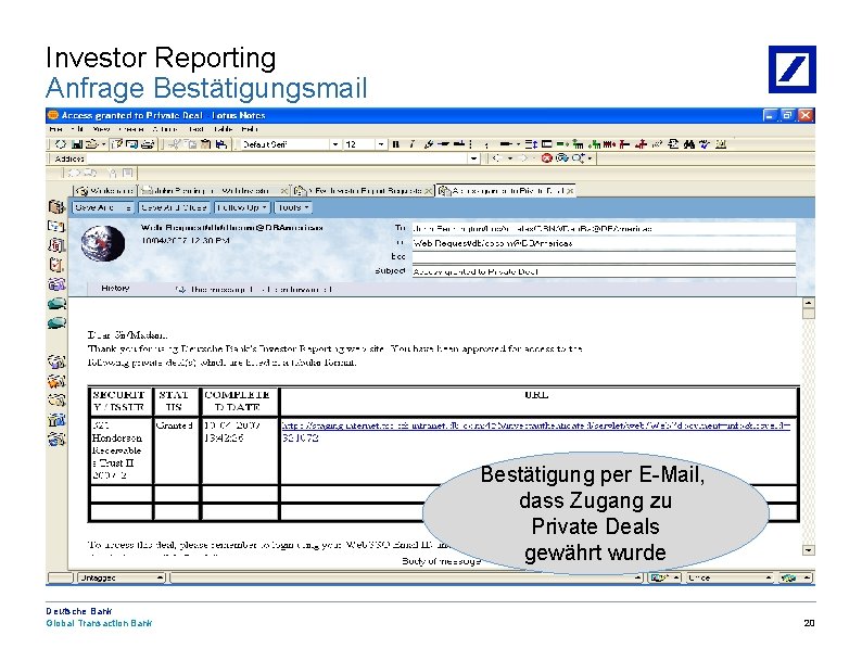 Investor Reporting Anfrage Bestätigungsmail Bestätigung per E-Mail, dass Zugang zu Private Deals gewährt wurde