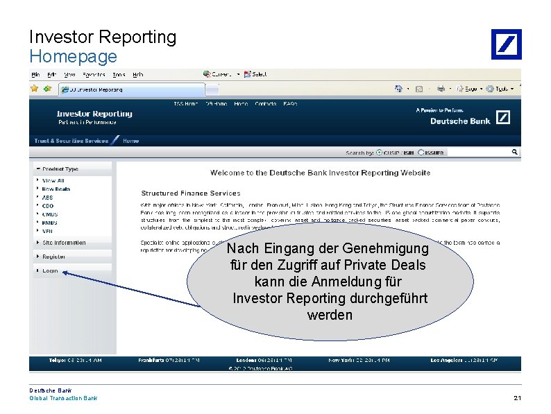 Investor Reporting Homepage Nach Eingang der Genehmigung für den Zugriff auf Private Deals kann