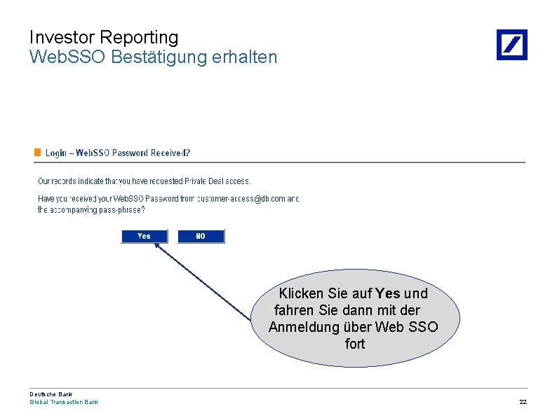 Investor Reporting Web. SSO Bestätigung erhalten Klicken Sie auf Yes und fahren Sie dann