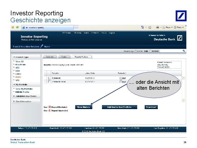 Investor Reporting Geschichte anzeigen . . oder die Ansicht mit alten Berichten Deutsche Bank