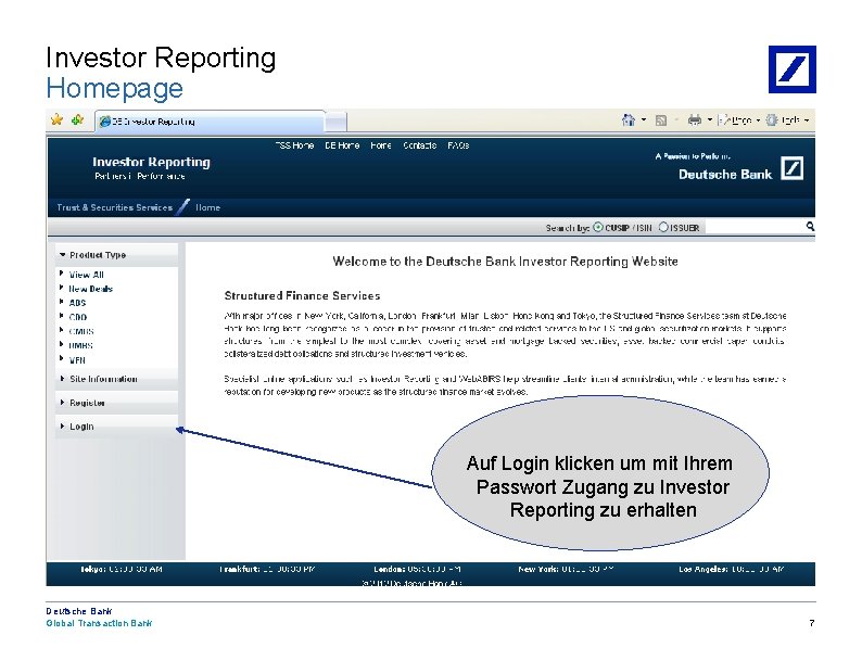 Investor Reporting Homepage Auf Login klicken um mit Ihrem Passwort Zugang zu Investor Reporting