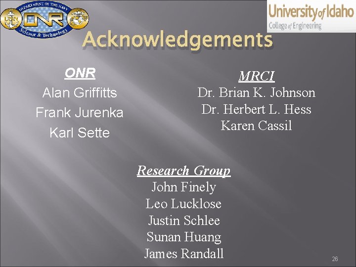 Acknowledgements ONR Alan Griffitts Frank Jurenka Karl Sette MRCI Dr. Brian K. Johnson Dr.