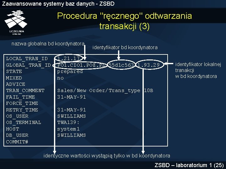 Zaawansowane systemy baz danych - ZSBD Procedura "ręcznego" odtwarzania transakcji (3) nazwa globalna bd