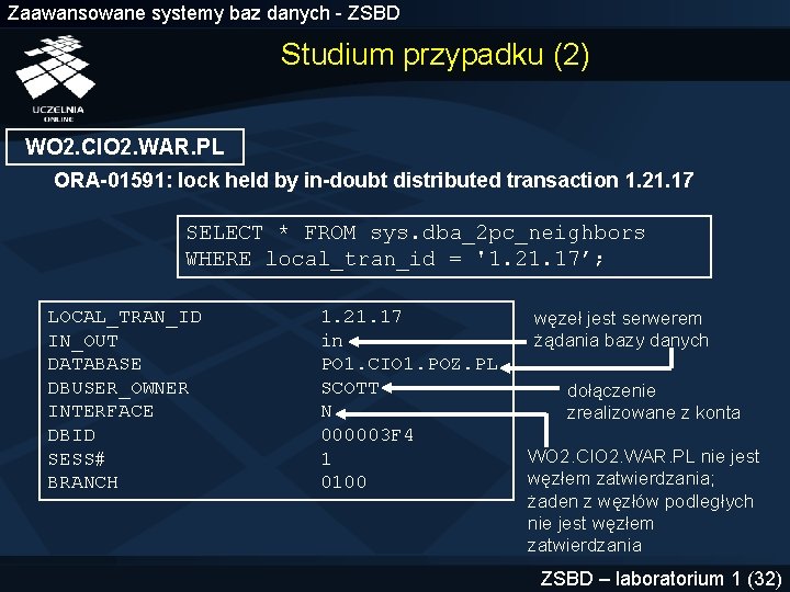 Zaawansowane systemy baz danych - ZSBD Studium przypadku (2) WO 2. CIO 2. WAR.