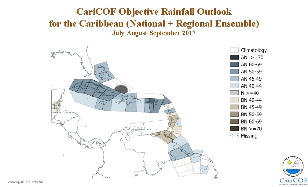 Cari. COF Objective Rainfall Outlook for the Caribbean (National + Regional Ensemble) July-August-September 2017