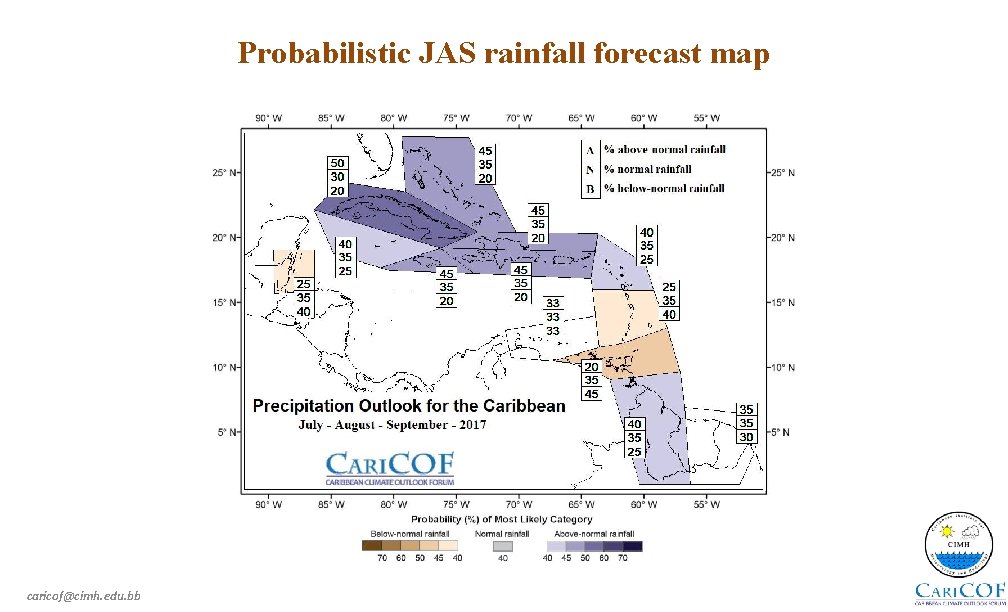 Probabilistic JAS rainfall forecast map caricof@cimh. edu. bb 