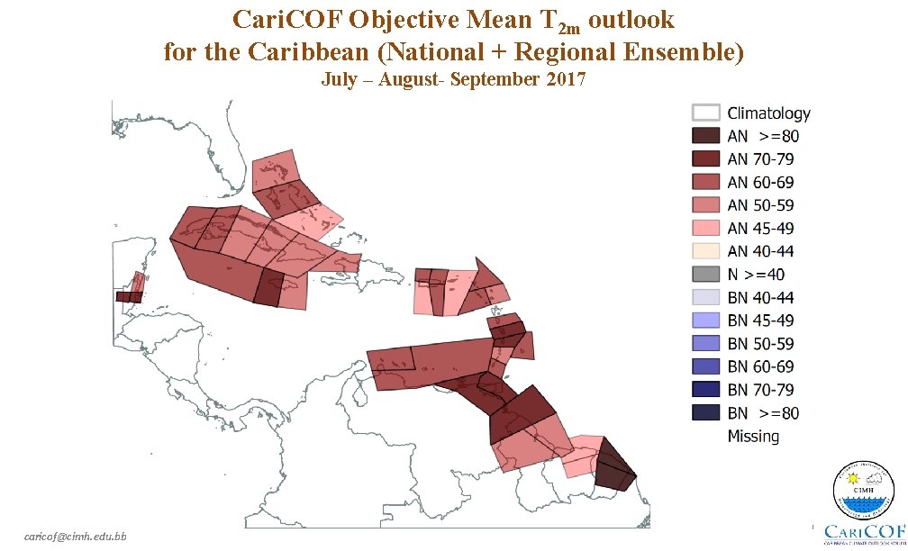Cari. COF Objective Mean T 2 m outlook for the Caribbean (National + Regional