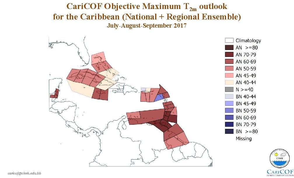 Cari. COF Objective Maximum T 2 m outlook for the Caribbean (National + Regional