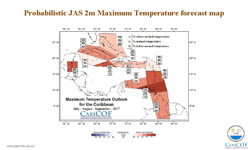 Probabilistic JAS 2 m Maximum Temperature forecast map caricof@cimh. edu. bb 