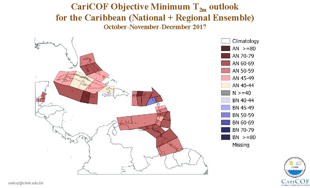 Cari. COF Objective Minimum T 2 m outlook for the Caribbean (National + Regional