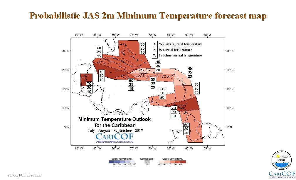 Probabilistic JAS 2 m Minimum Temperature forecast map caricof@cimh. edu. bb 