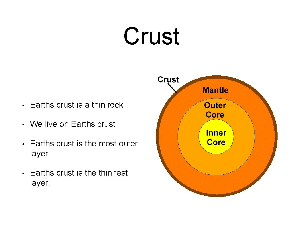 Crust • Earths crust is a thin rock. • We live on Earths crust
