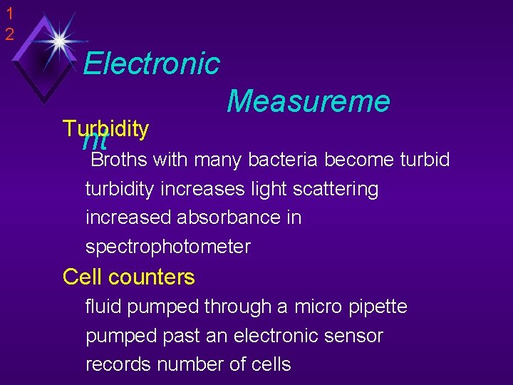 1 2 Electronic Turbidity Measureme nt Broths with many bacteria become turbidity increases light