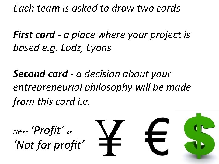 Each team is asked to draw two cards First card - a place where