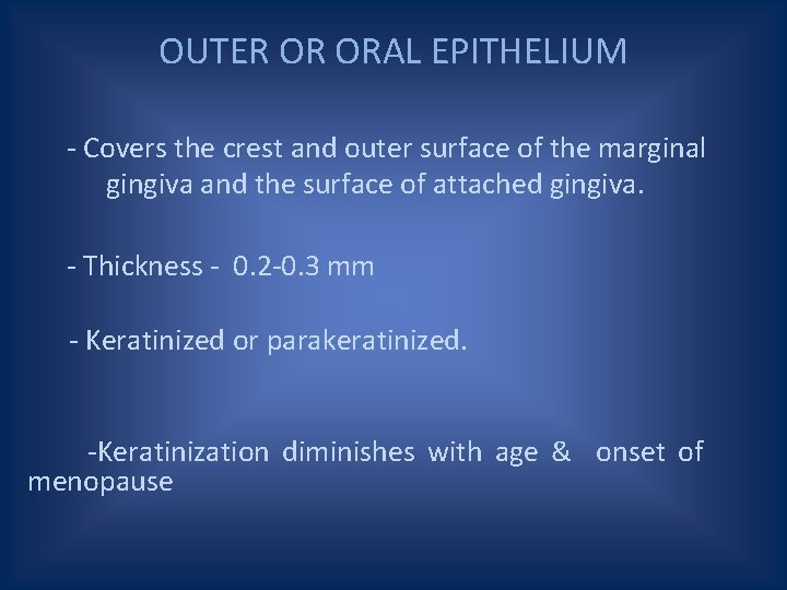 OUTER OR ORAL EPITHELIUM - Covers the crest and outer surface of the marginal