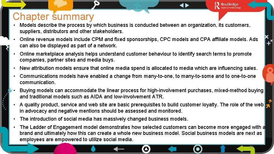 Chapter summary • Models describe the process by which business is conducted between an