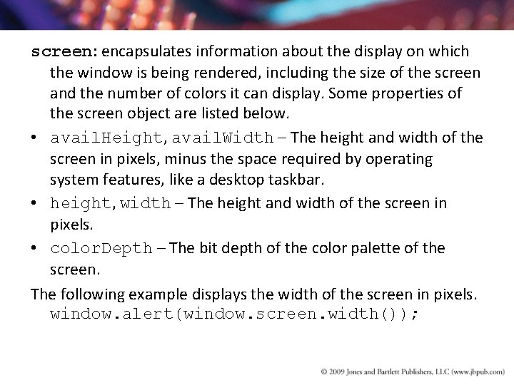 screen: encapsulates information about the display on which the window is being rendered, including screen: encapsulates information about the display on which the window is being rendered, including