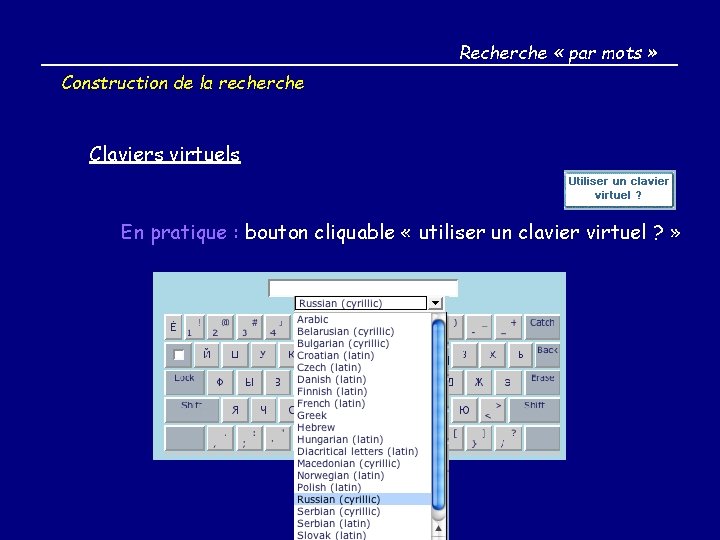 Recherche « par mots » Construction de la recherche Claviers virtuels En pratique :