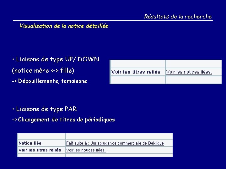 Résultats de la recherche Visualisation de la notice détaillée • Liaisons de type UP/