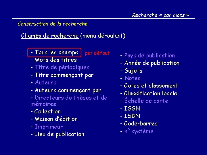 Recherche « par mots » Construction de la recherche Champs de recherche (menu déroulant)